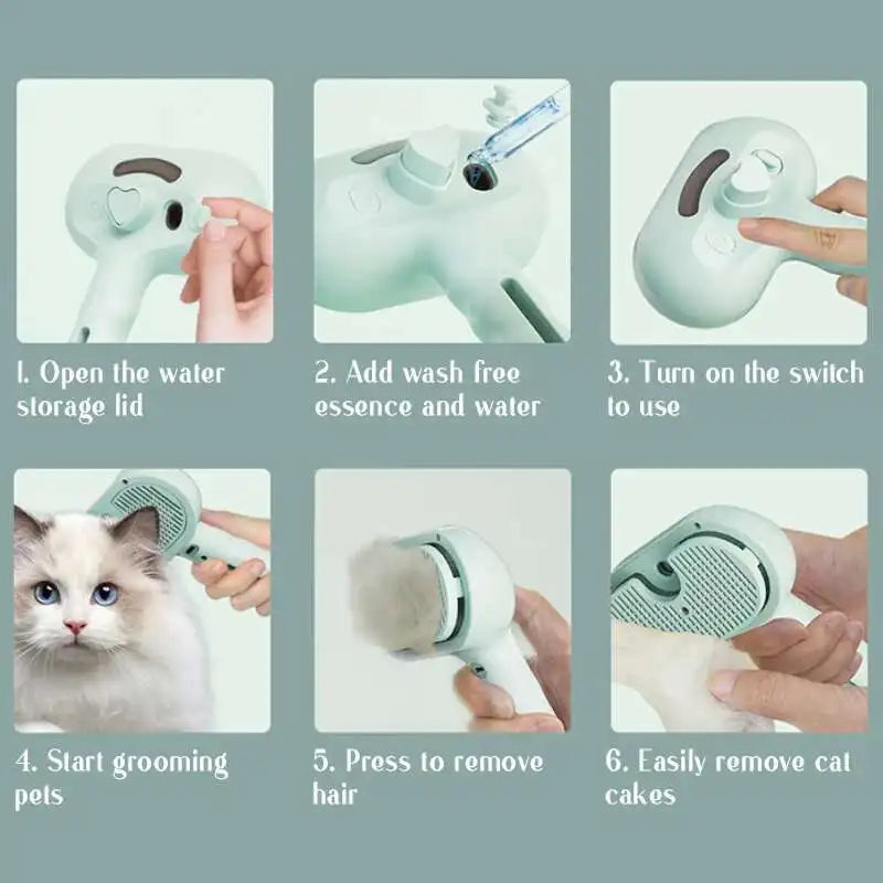 Pet Steam Grooming Brush Comb – USB Spray Hair Remover
