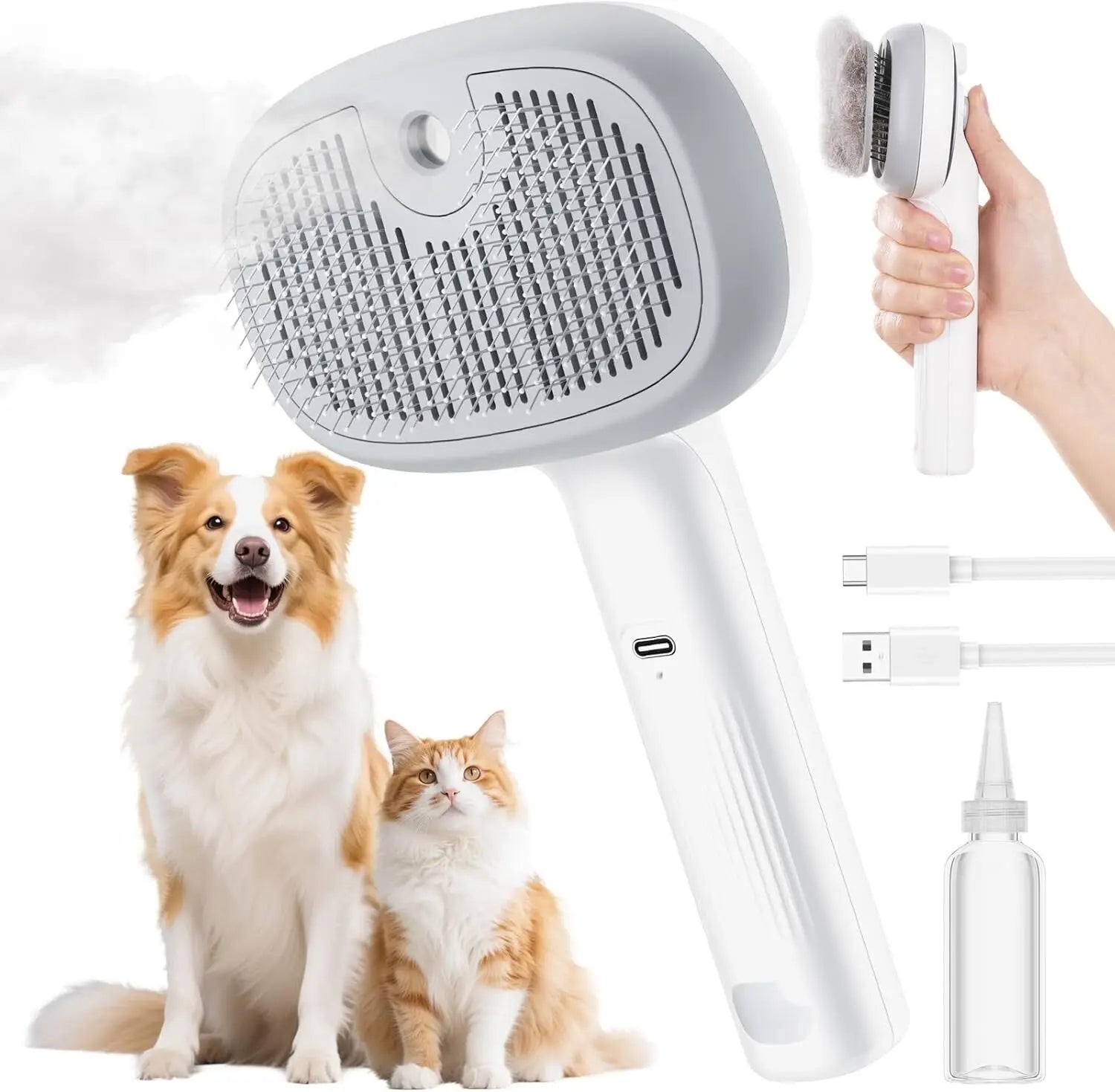 Pet Steam Grooming Brush Comb – USB Spray Hair Remover